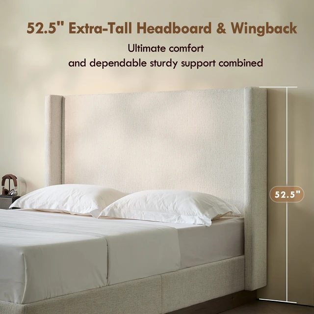 Alt view image 7 of 7 - Hosford Upholstered Wingback Bed / Upholstered Wood Base Platform Bed / 52.5" High Headboard / Minimalist / Rusticity / No Box Spring Needed / King / Oat Boucle / No Noise