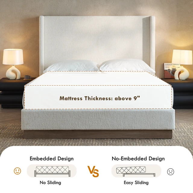 Alt view image 6 of 7 - Hosford Upholstered Wingback Bed / Upholstered Wood Base Platform Bed / 52.5" High Headboard / Minimalist / Rusticity / No Box Spring Needed / King / Oat Boucle / No Noise