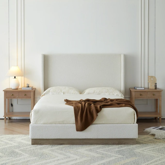 Main image of Hale Upholstered Wingback Bed Size King / Tall 51.1" Headboard Upholstered Queen Bed / Without Wooden Slats / Box Spring Request / King / Cream White Boucle/ Elegant Simplicity / Easy Assembly