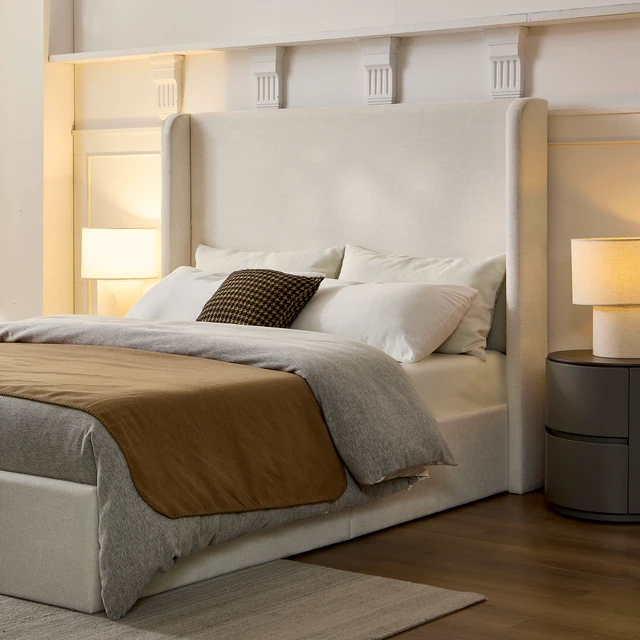 Alt view image 4 of 7 - Carmen Upholstered Wingback Bed / Upholstered Platform Bed Frame / 54" High Headboard / Simplicity / Minimalist / No Box Spring Needed / Easy Assembly / Queen/ Textured Ivory Canvas / No Noise