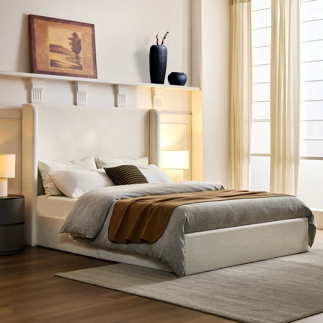 Alt view image 3 of 7 - Carmen Upholstered Wingback Bed / Upholstered Platform Bed Frame / 54" High Headboard / Simplicity / Minimalist / No Box Spring Needed / Easy Assembly / Queen/ Textured Ivory Canvas / No Noise