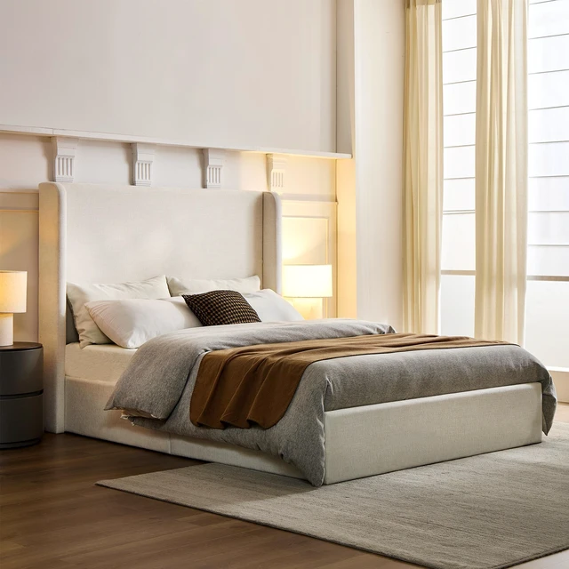 Main image of Carmen Upholstered Wingback Bed / Upholstered Platform Bed Frame / 54" High Headboard / Simplicity / Minimalist / No Box Spring Needed / Easy Assembly / Queen/ Textured Ivory Canvas / No Noise