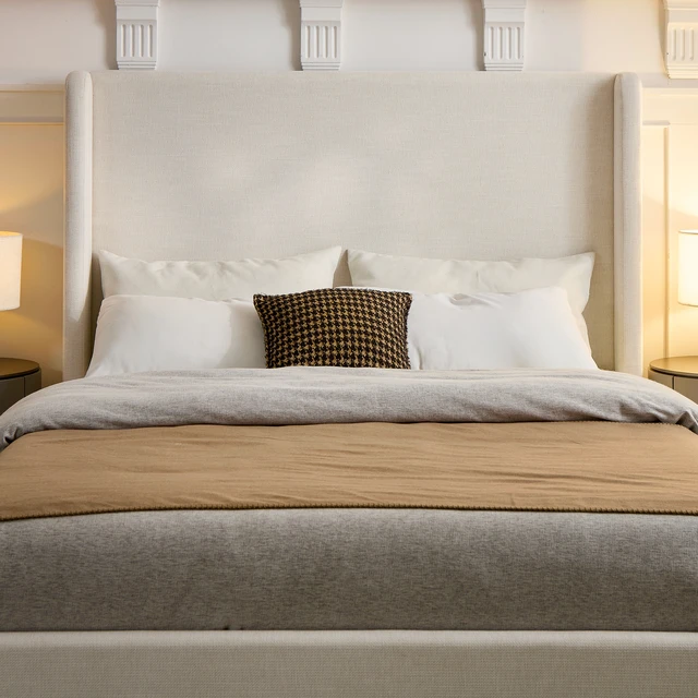 Alt view image 5 of 7 - Carmen Upholstered Wingback Bed / Upholstered Platform Bed Frame / 54" High Headboard / Simplicity / Minimalist / No Box Spring Needed / Easy Assembly / Queen/ Textured Ivory Canvas / No Noise