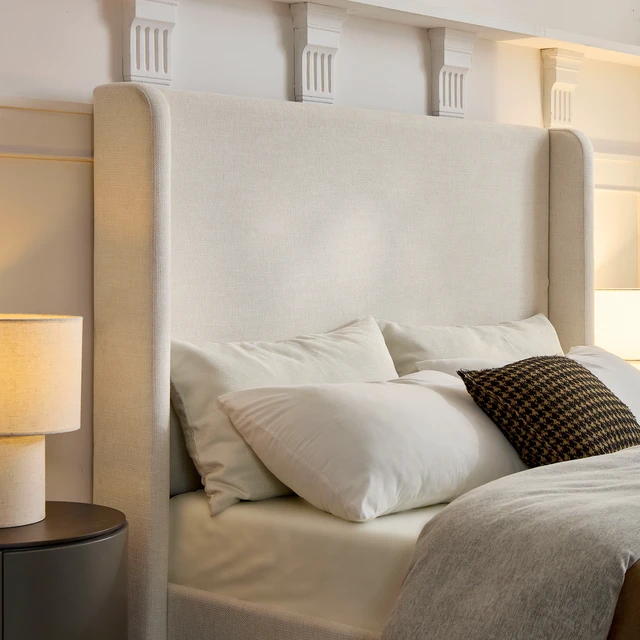 Alt view image 6 of 7 - Carmen Upholstered Wingback Bed / Upholstered Platform Bed Frame / 54" High Headboard / Simplicity / Minimalist / No Box Spring Needed / Easy Assembly / Queen/ Textured Ivory Canvas / No Noise