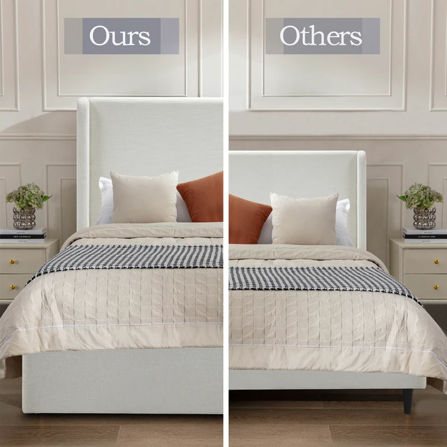 Alt view image 7 of 7 - Carmen Upholstered Wingback Bed / Upholstered Platform Bed Frame / 54" High Headboard / Simplicity / Minimalist / No Box Spring Needed / Easy Assembly / Queen/ Textured Ivory Canvas / No Noise