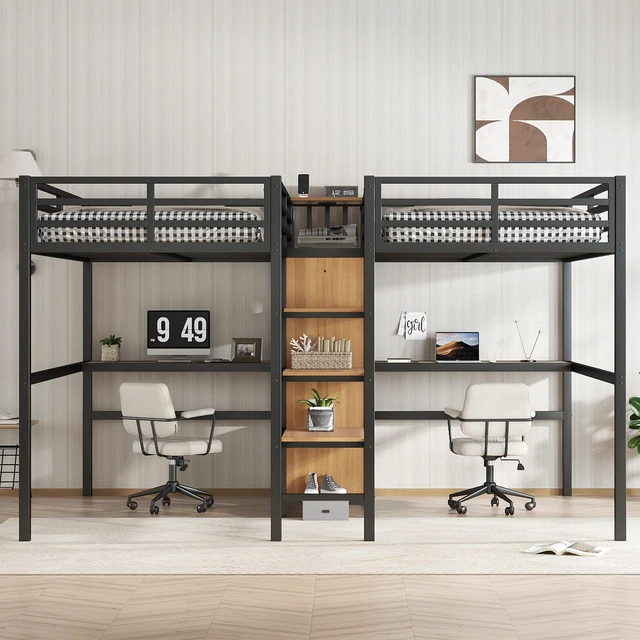 Alt view image 2 of 7 - Twin Over Twin Metal Loft Bed with Double Desk and Wardrobe and Shelves with Electrical Outlet for Space Saving and Noise Reduction, woodgrain