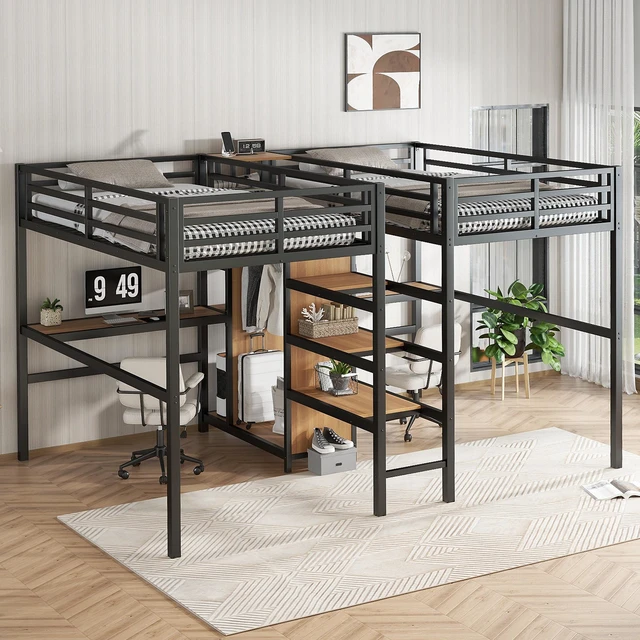 Alt view image 3 of 7 - Twin Over Twin Metal Loft Bed with Double Desk and Wardrobe and Shelves with Electrical Outlet for Space Saving and Noise Reduction, woodgrain