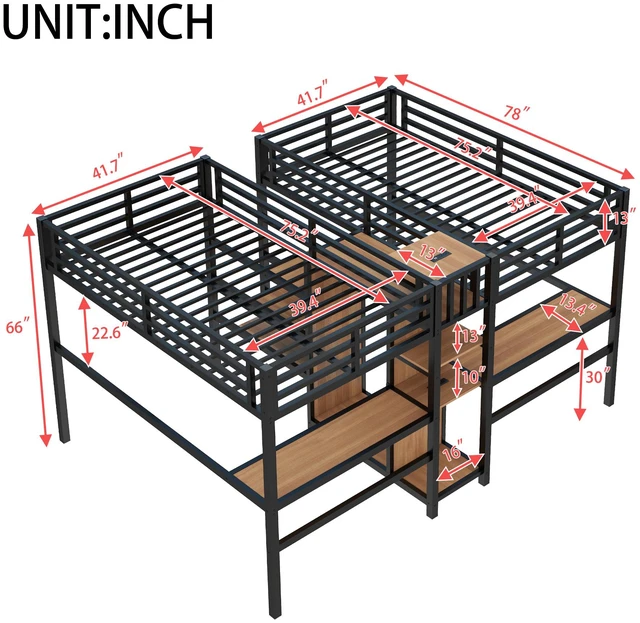 Alt view image 6 of 7 - Twin Over Twin Metal Loft Bed with Double Desk and Wardrobe and Shelves with Electrical Outlet for Space Saving and Noise Reduction, woodgrain