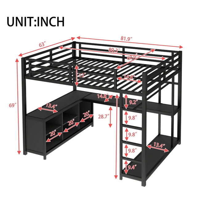 Alt view image 3 of 7 - Metal Loft Bed with Wardrobe and L-shaped Desk, Queen Size Loft Bed with Storage Cubes and Shelves, Loft Bed for Kids Teens Adults, Black