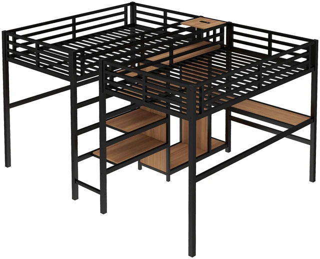 Alt view image 7 of 7 - Twin Over Twin Metal Loft Bed with Double Desk and Wardrobe and Shelves with Electrical Outlet for Space Saving and Noise Reduction, woodgrain