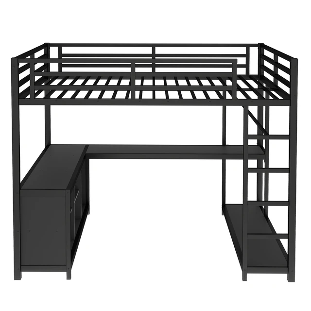 Alt view image 5 of 7 - Metal Loft Bed with Wardrobe and L-shaped Desk, Queen Size Loft Bed with Storage Cubes and Shelves, Loft Bed for Kids Teens Adults, Black