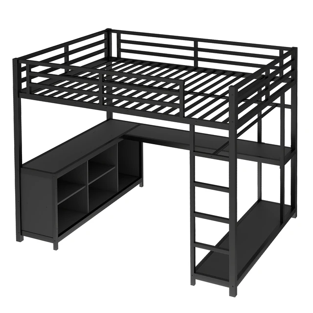 Alt view image 4 of 7 - Metal Loft Bed with Wardrobe and L-shaped Desk, Queen Size Loft Bed with Storage Cubes and Shelves, Loft Bed for Kids Teens Adults, Black