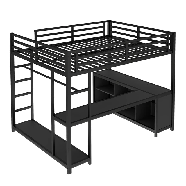 Alt view image 7 of 7 - Metal Loft Bed with Wardrobe and L-shaped Desk, Queen Size Loft Bed with Storage Cubes and Shelves, Loft Bed for Kids Teens Adults, Black