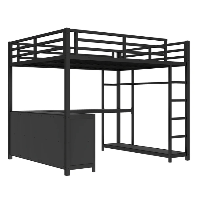 Alt view image 6 of 7 - Metal Loft Bed with Wardrobe and L-shaped Desk, Queen Size Loft Bed with Storage Cubes and Shelves, Loft Bed for Kids Teens Adults, Black