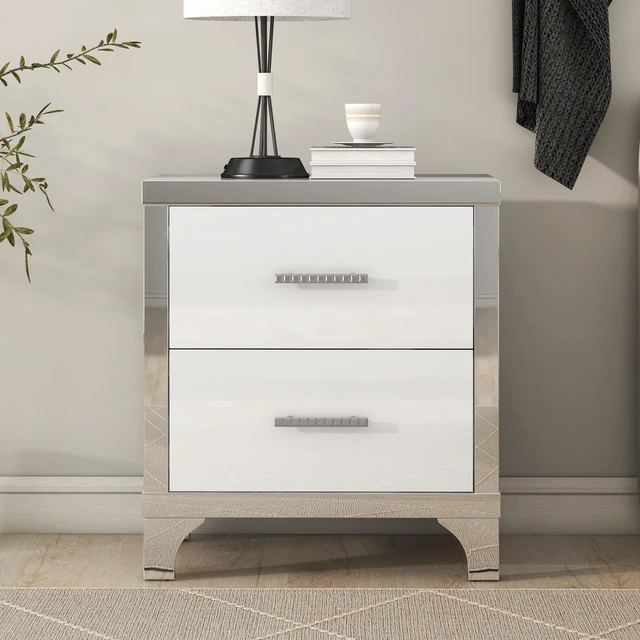 Alt view image 4 of 7 - Elegant High Gloss Nightstand with Metal Handle,Mirrored Bedside Table with 2 Drawers for Bedroom,Living Room,White