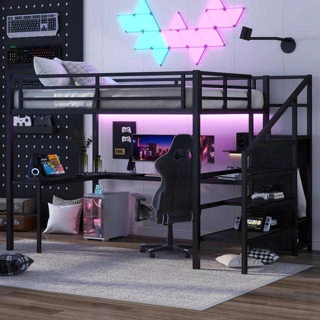 Main image of Queen Size Loft Bed with L-shaped Desk and USB, Metal Loft Bed with Wardrobe and Adjustable Shelf, High Loft Bed with LED for Kids Teens Adults, Black