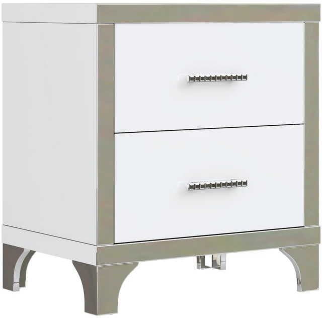 Alt view image 5 of 7 - Elegant High Gloss Nightstand with Metal Handle,Mirrored Bedside Table with 2 Drawers for Bedroom,Living Room,White