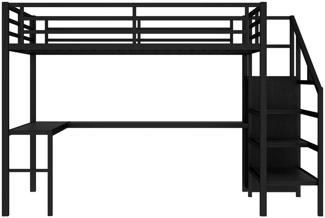 Alt view image 5 of 7 - Queen Size Loft Bed with L-shaped Desk and USB, Metal Loft Bed with Wardrobe and Adjustable Shelf, High Loft Bed with LED for Kids Teens Adults, Black