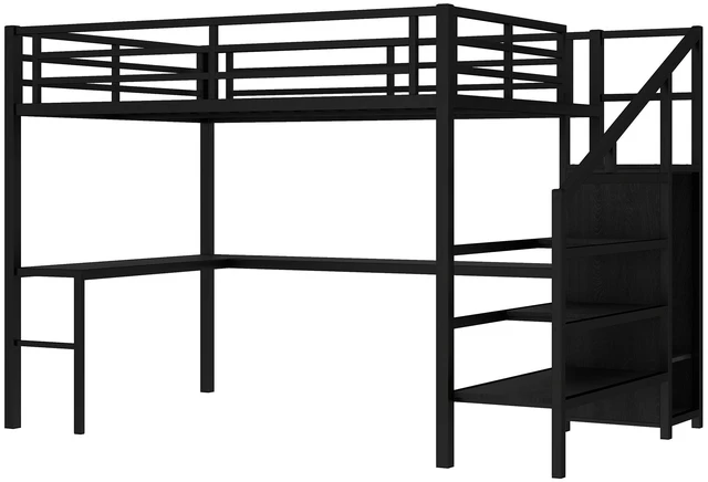 Alt view image 6 of 7 - Queen Size Loft Bed with L-shaped Desk and USB, Metal Loft Bed with Wardrobe and Adjustable Shelf, High Loft Bed with LED for Kids Teens Adults, Black