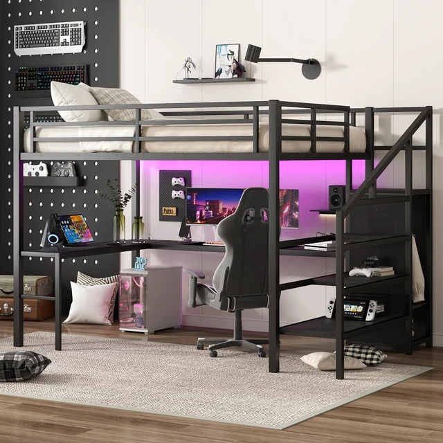 Alt view image 3 of 7 - Queen Size Loft Bed with L-shaped Desk and USB, Metal Loft Bed with Wardrobe and Adjustable Shelf, High Loft Bed with LED for Kids Teens Adults, Black
