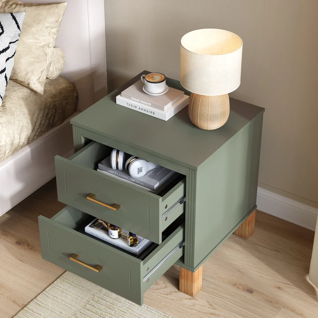 Alt view image 3 of 7 - 2 Drawer Nightstand, Premium Wood Storage with Elegant Fluted Design, Solid Wood Legs Nightstand with Metal Handle, Tall Bedside Table for Bedroom Living Room,Olive