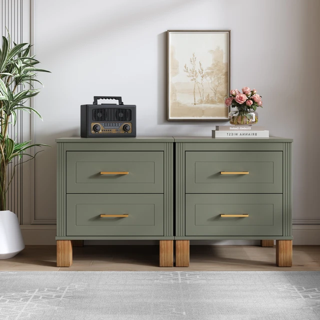 Alt view image 5 of 7 - 2 Drawer Nightstand, Premium Wood Storage with Elegant Fluted Design, Solid Wood Legs Nightstand with Metal Handle, Tall Bedside Table for Bedroom Living Room,Olive
