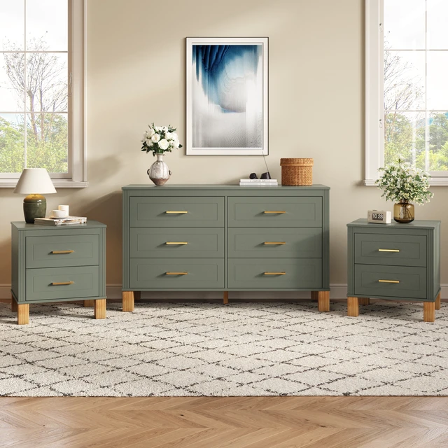 Alt view image 6 of 7 - 2 Drawer Nightstand, Premium Wood Storage with Elegant Fluted Design, Solid Wood Legs Nightstand with Metal Handle, Tall Bedside Table for Bedroom Living Room,Olive