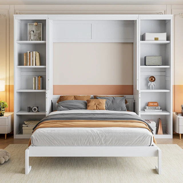 Alt view image 2 of 7 - Full Size Murphy Bed with Desk and Bookshelf, White