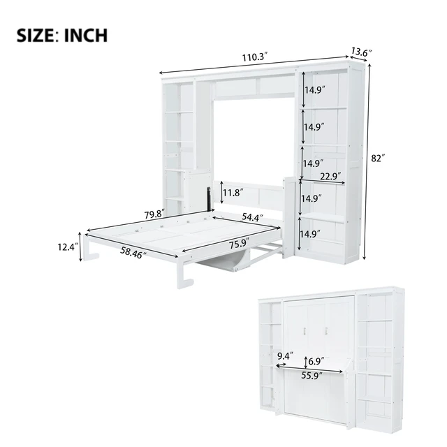 Alt view image 4 of 7 - Full Size Murphy Bed with Desk and Bookshelf, White