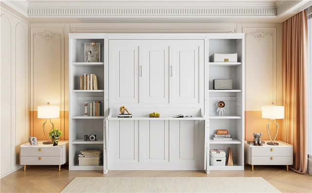 Alt view image 6 of 7 - Full Size Murphy Bed with Desk and Bookshelf, White