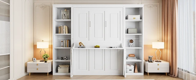 Alt view image 7 of 7 - Full Size Murphy Bed with Desk and Bookshelf, White