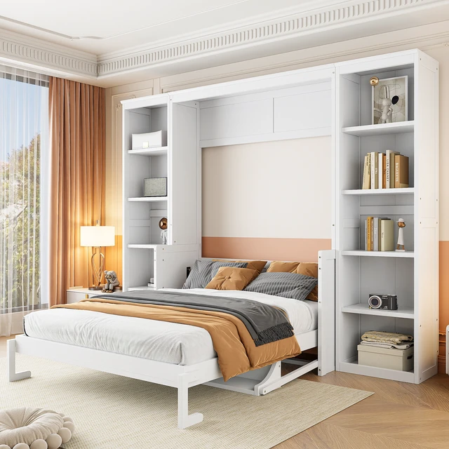 Alt view image 3 of 7 - Full Size Murphy Bed with Desk and Bookshelf, White
