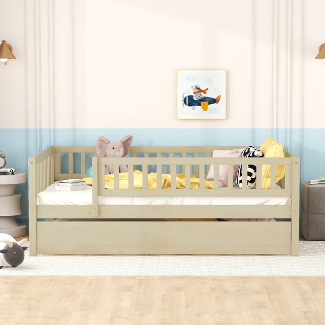 Alt view image 2 of 7 - Full Size Wood Daybed with Trundle and Fence Guardrails, Natural
