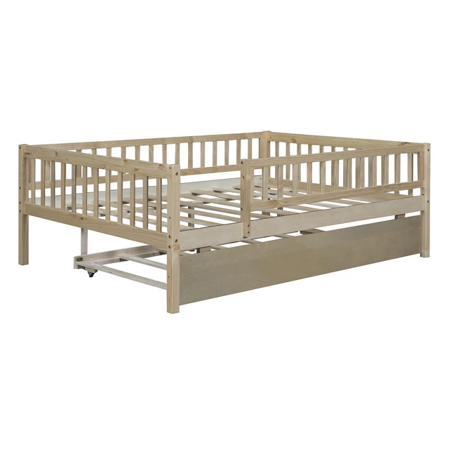 Alt view image 4 of 7 - Full Size Wood Daybed with Trundle and Fence Guardrails, Natural