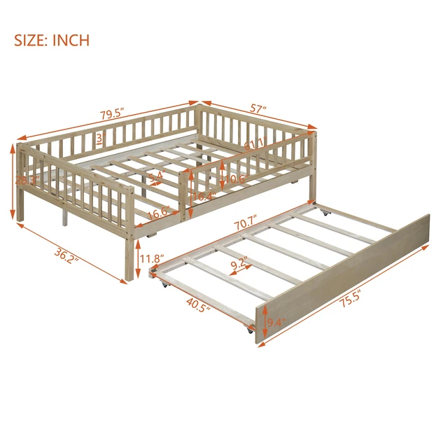 Alt view image 3 of 7 - Full Size Wood Daybed with Trundle and Fence Guardrails, Natural