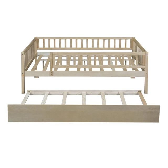 Alt view image 6 of 7 - Full Size Wood Daybed with Trundle and Fence Guardrails, Natural