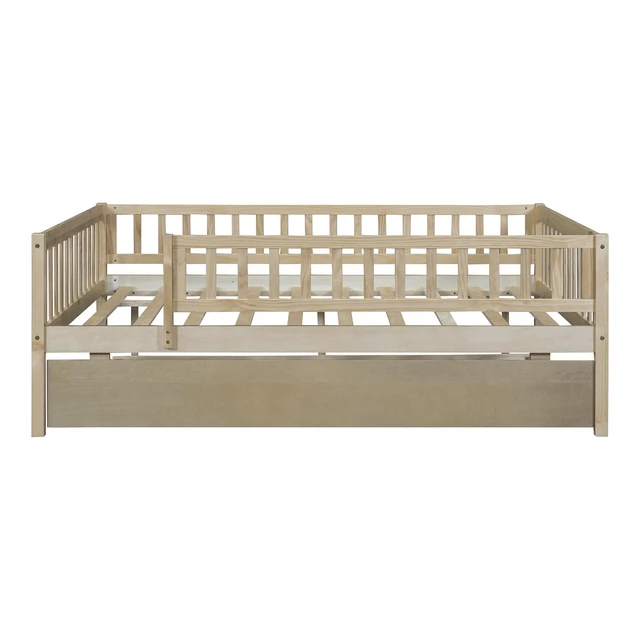 Alt view image 7 of 7 - Full Size Wood Daybed with Trundle and Fence Guardrails, Natural