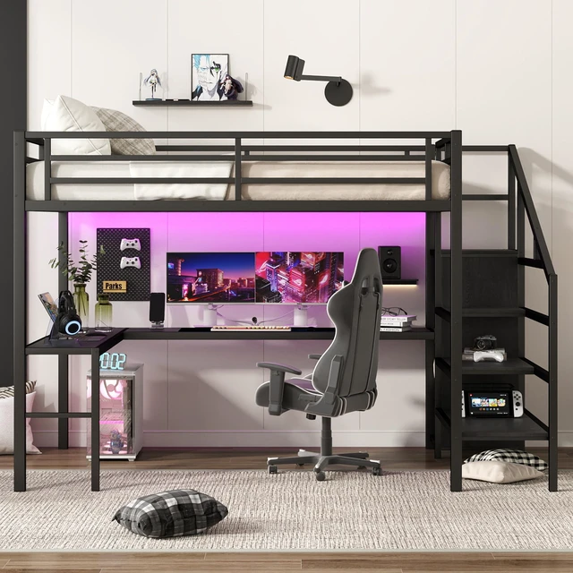 Alt view image 2 of 7 - Queen Size Loft Bed with L-shaped Desk and USB, Metal Loft Bed with Wardrobe and Adjustable Shelf, High Loft Bed with LED for Kids Teens Adults, Black