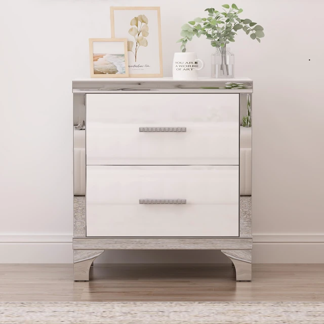 Alt view image 3 of 7 - Elegant High Gloss Nightstand with Metal Handle,Mirrored Bedside Table with 2 Drawers for Bedroom,Living Room,White