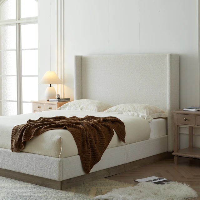 Alt view image 2 of 7 - Hale Upholstered Wingback Bed Size King / Tall 51.1" Headboard Upholstered Queen Bed / Without Wooden Slats / Box Spring Request / King / Cream White Boucle/ Elegant Simplicity / Easy Assembly