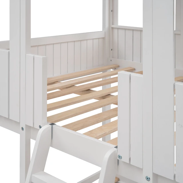 Alt view image 6 of 7 - Full Over Full WoodBunk Bed with Roof, Window, Guardrail, Ladder(White)