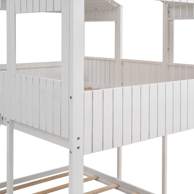 Alt view image 7 of 7 - Full Over Full WoodBunk Bed with Roof, Window, Guardrail, Ladder(White)