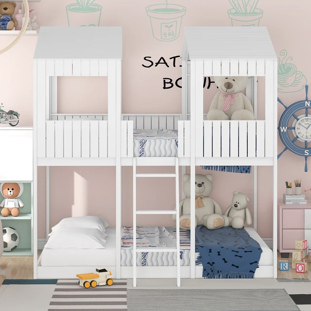 Alt view image 2 of 7 - Full Over Full WoodBunk Bed with Roof, Window, Guardrail, Ladder(White)