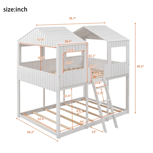 Alt view image 5 of 7 - Full Over Full WoodBunk Bed with Roof, Window, Guardrail, Ladder(White)