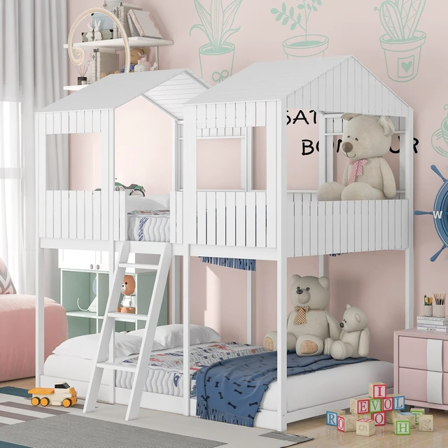 Main image of Full Over Full WoodBunk Bed with Roof, Window, Guardrail, Ladder(White)