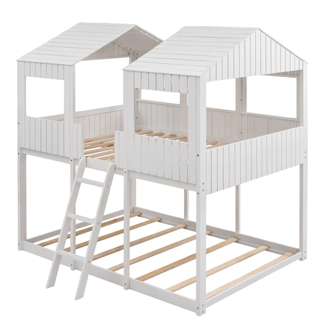 Alt view image 4 of 7 - Full Over Full WoodBunk Bed with Roof, Window, Guardrail, Ladder(White)