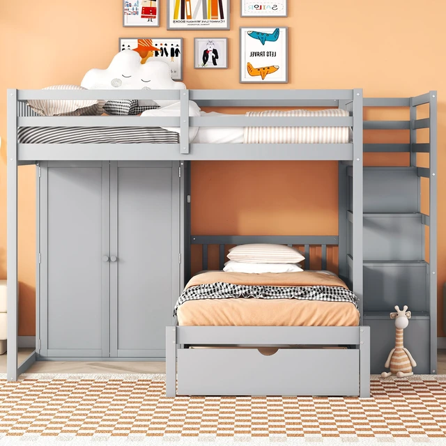 Alt view image 2 of 7 - Full Over Twin Bunk Bed with Wardrobe, Drawers, Gray