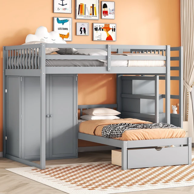 Alt view image 3 of 7 - Full Over Twin Bunk Bed with Wardrobe, Drawers, Gray