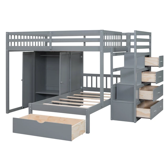Alt view image 6 of 7 - Full Over Twin Bunk Bed with Wardrobe, Drawers, Gray