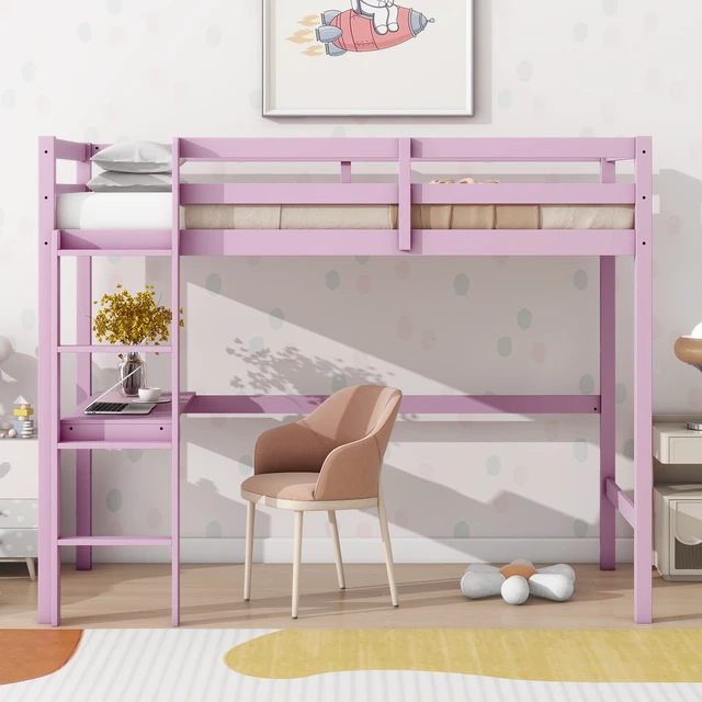 Alt view image 2 of 7 - Twin High Loft Bed, Rubber Wood Loft Bed with Safety Guardrail, built-in desk, ladder,Pink